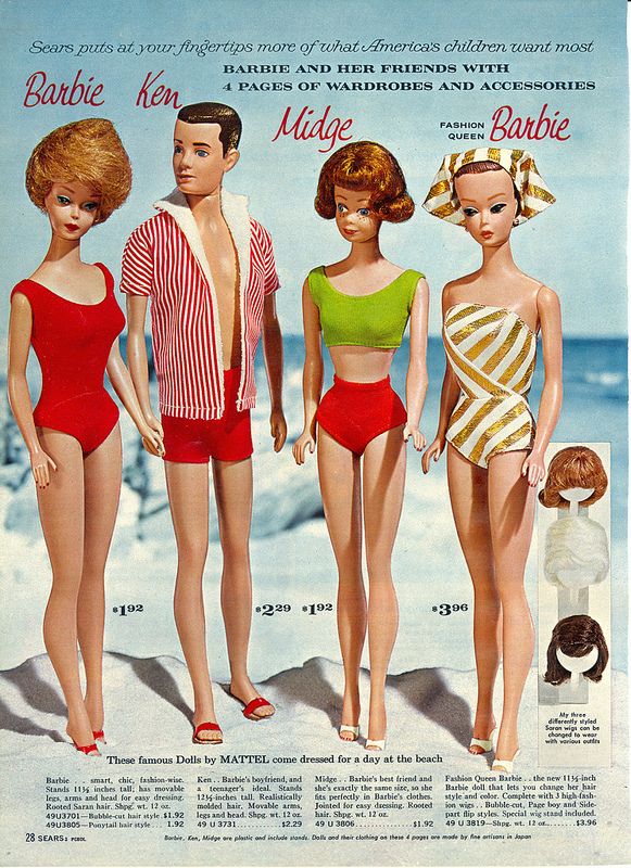 Barbie, Ken, Midge, and another 'Fashion Queen' Barbie stand on an artifical shore wearing swimsuits with prices at their feet